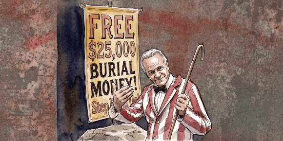 A cheerful man wearing a red and white striped suit holds a cane while standing next to a large sign that reads 'FREE $25,000 BURIAL MONEY!'